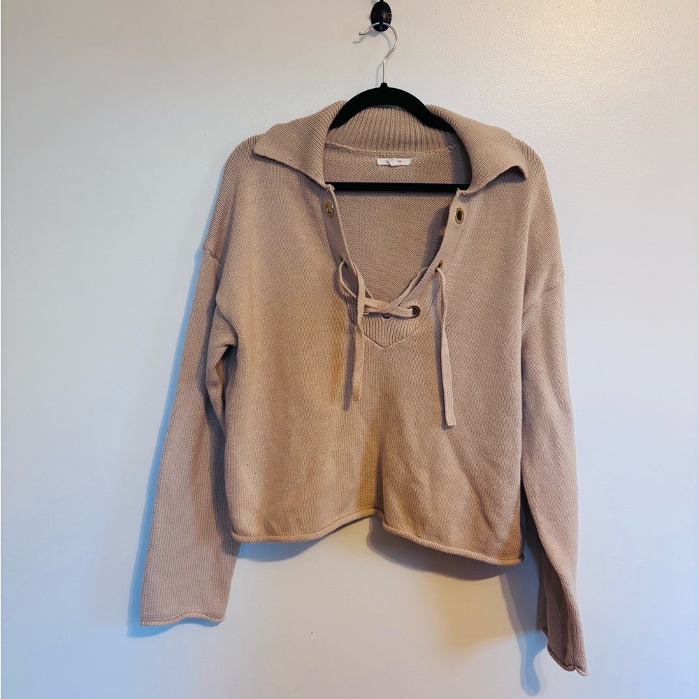 Maurice tan sweater with lace up detail at the neck size medium with collar